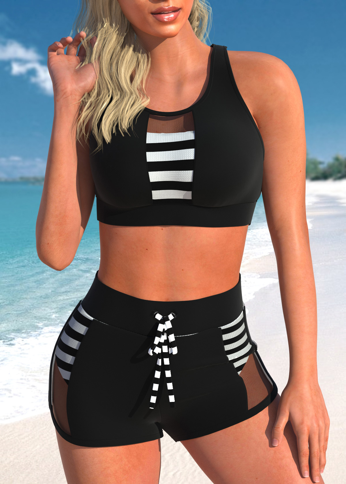Striped Cutout Mesh Black Bikini Set