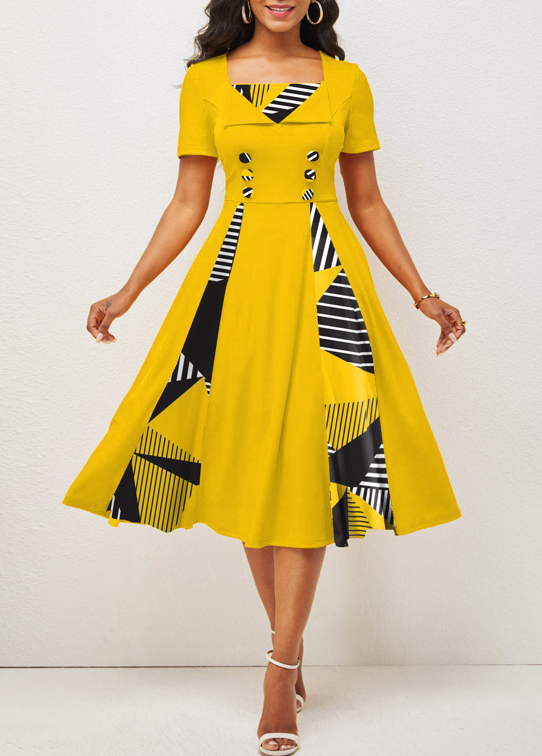 Geometric Print Button Yellow Square Neck Dress