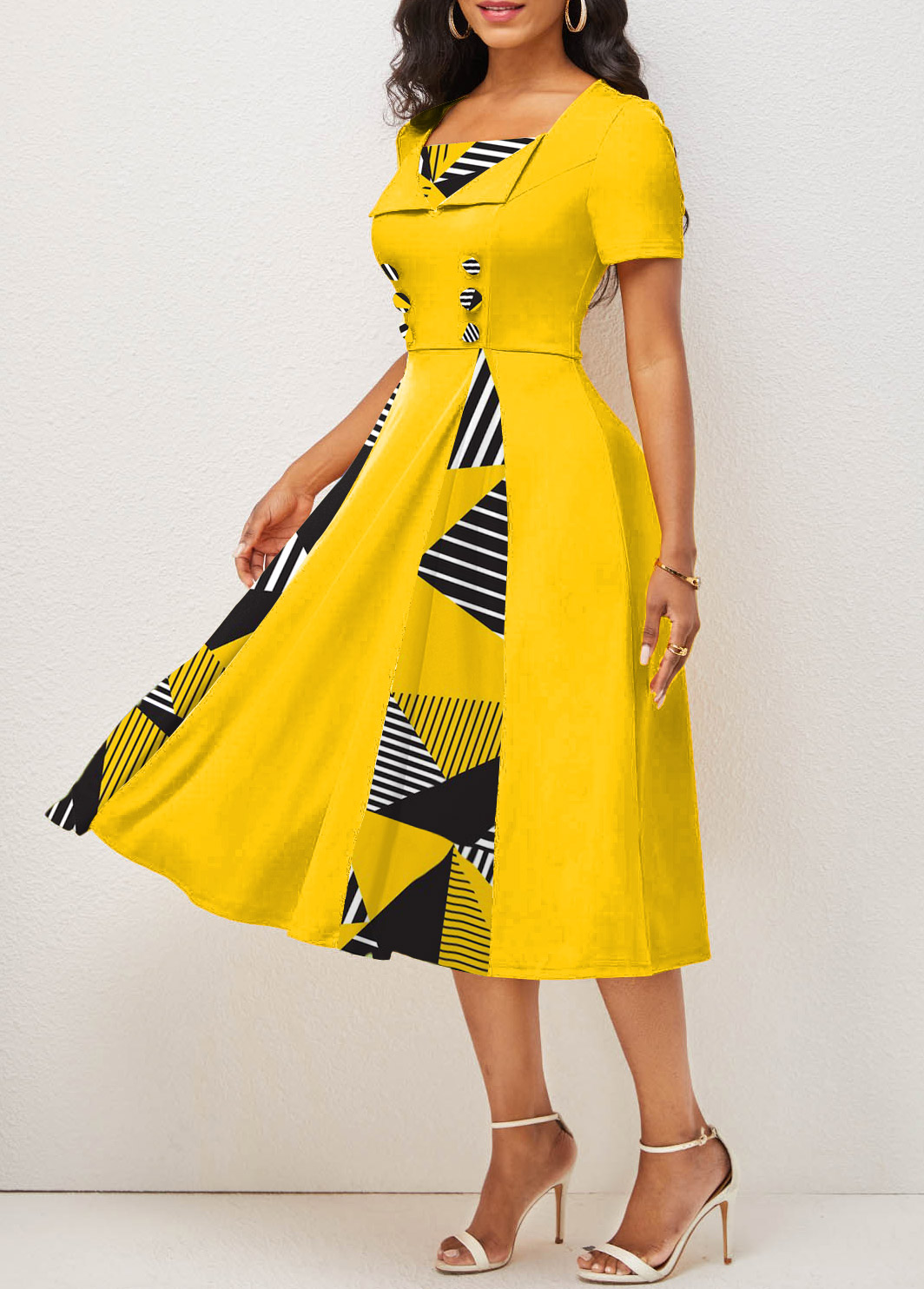 Geometric Print Button Yellow Square Neck Dress