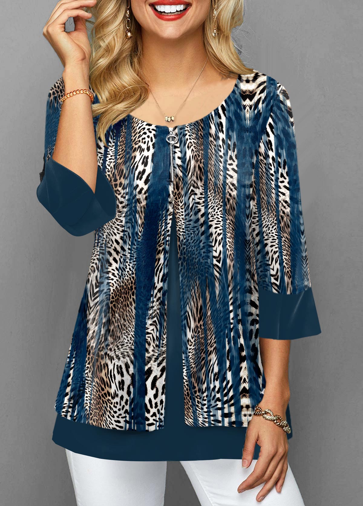 Leopard Fake 2in1 Blue Round Neck Blouse