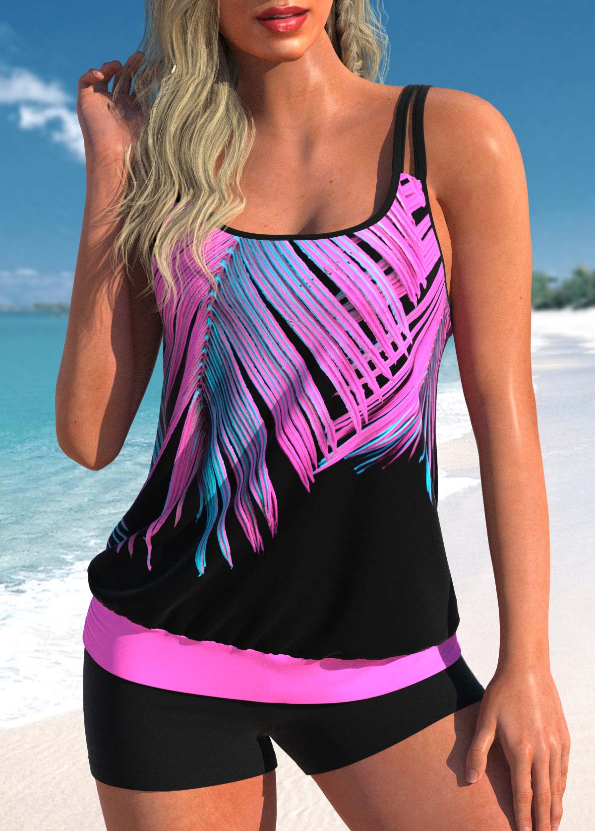 Leaf Print Double Straps Hot Pink Tankini Top
