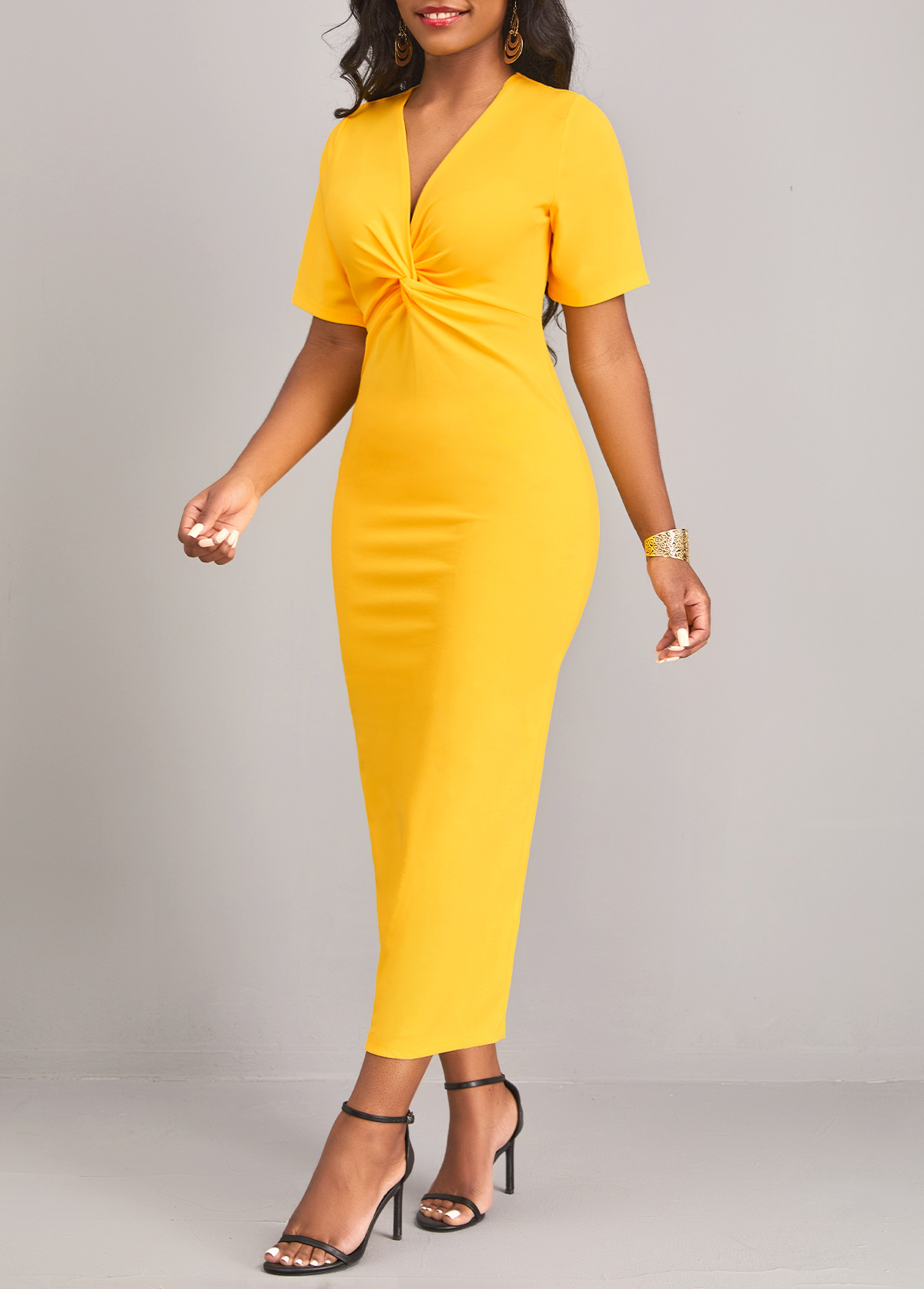 Twist V Neck Yellow Short Sleeve Bodycon Dress