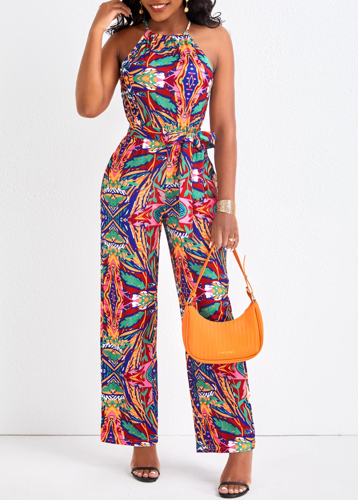 Graffiti Print Belted Multi Color Long Jumpsuit