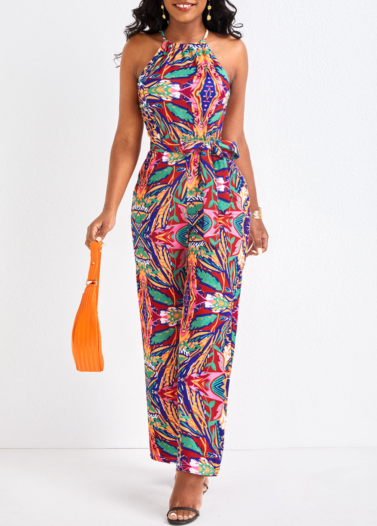 Graffiti Print Belted Multi Color Long Jumpsuit