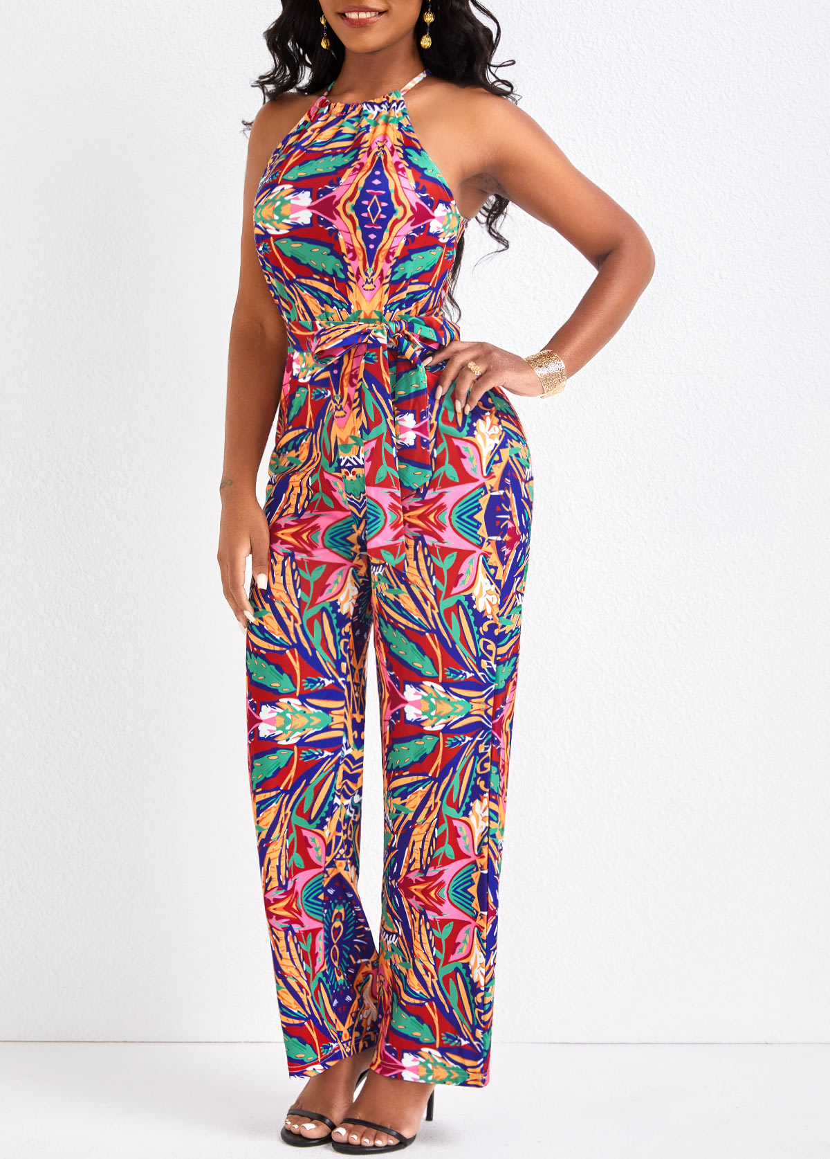 Graffiti Print Belted Multi Color Long Jumpsuit