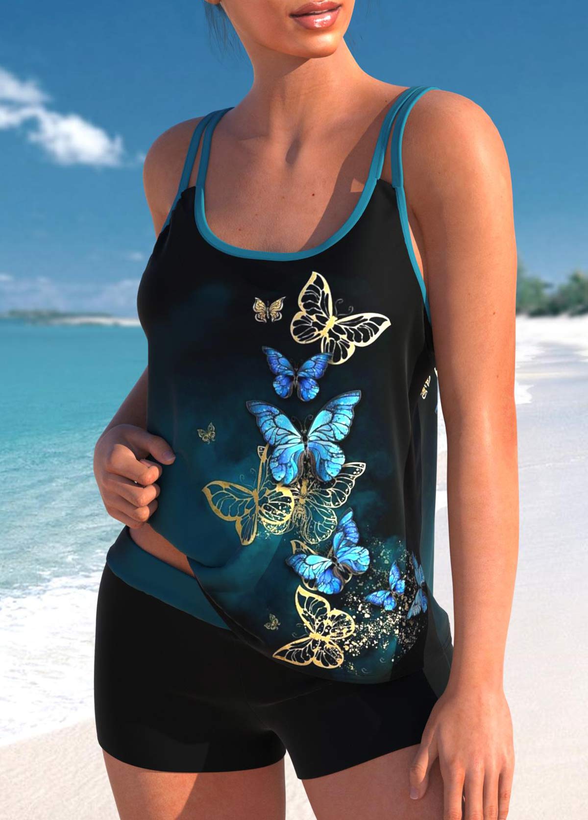 Butterfly Print Peacock Blue Ombre Tankini Set