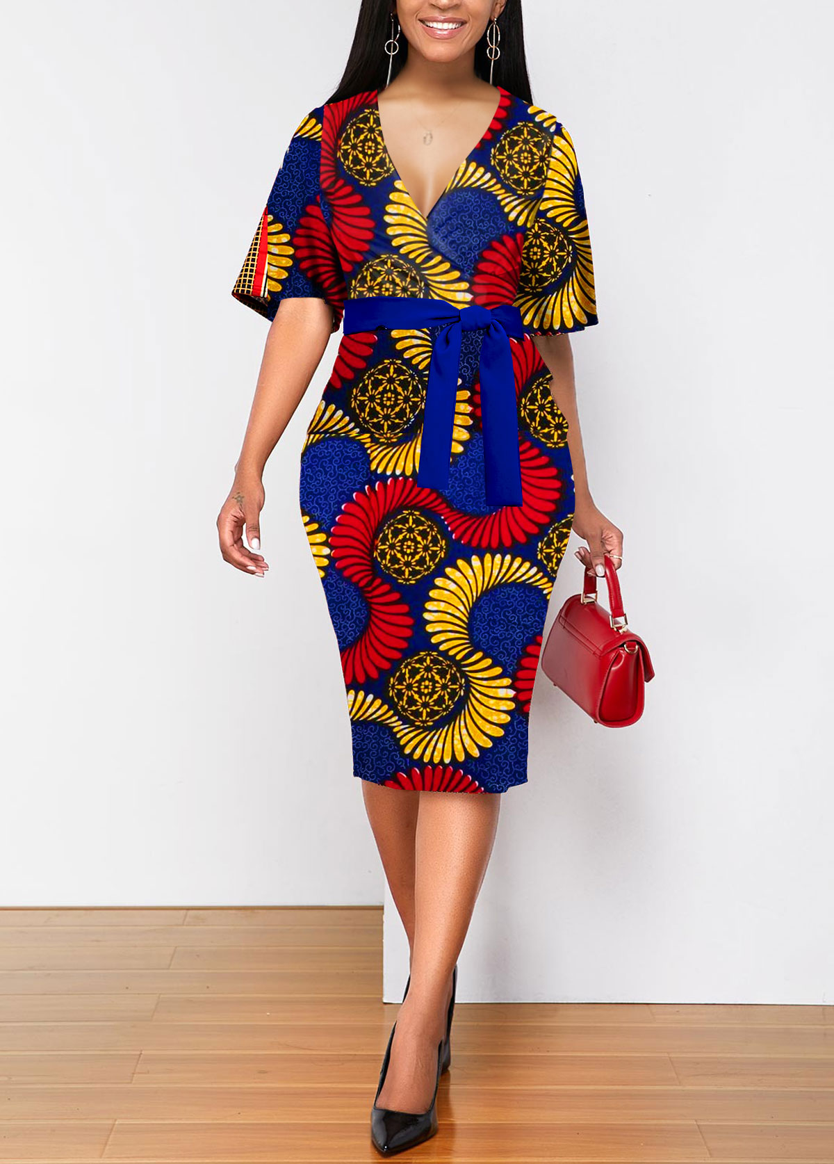 Tribal Print Belted Multi Color Bodycon Dress