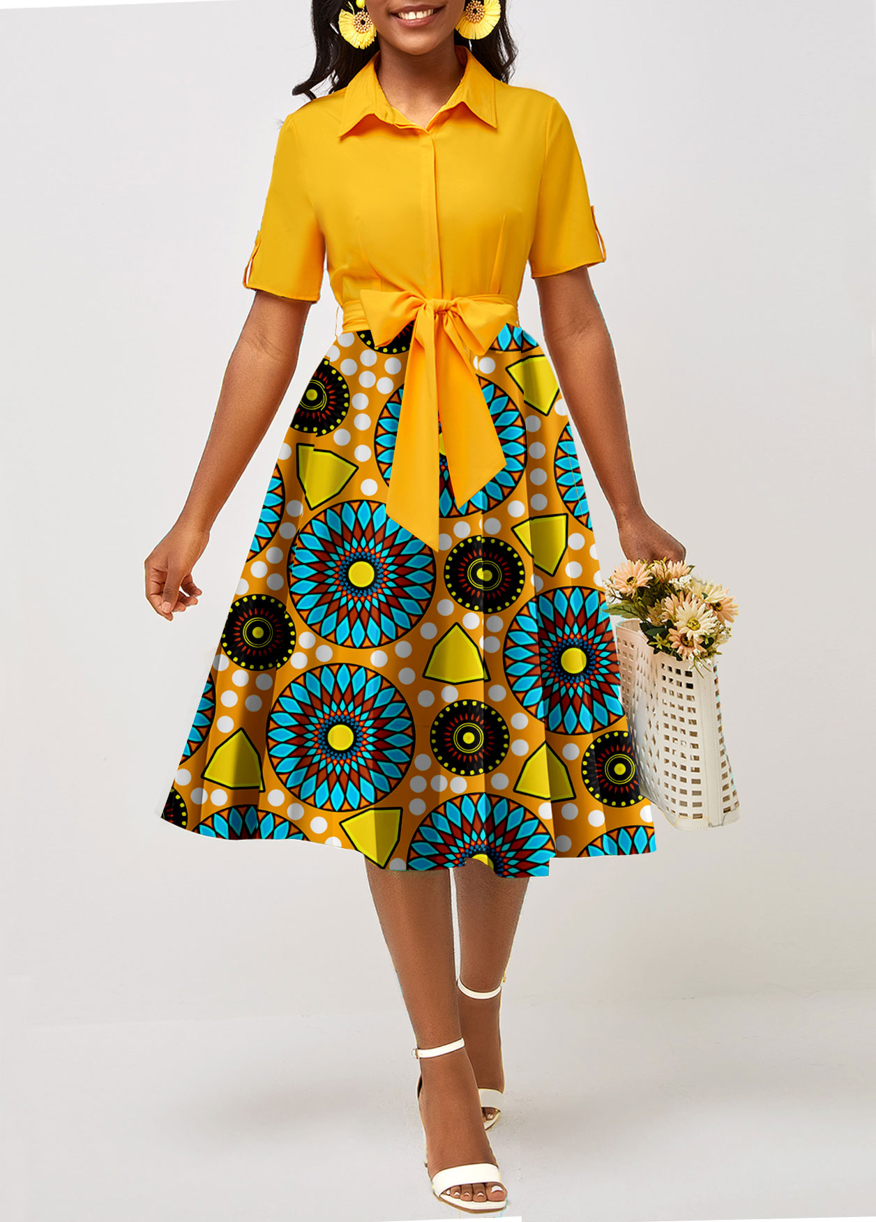 Tribal Print Pocket Belted Yellow Shirt Collar Dress