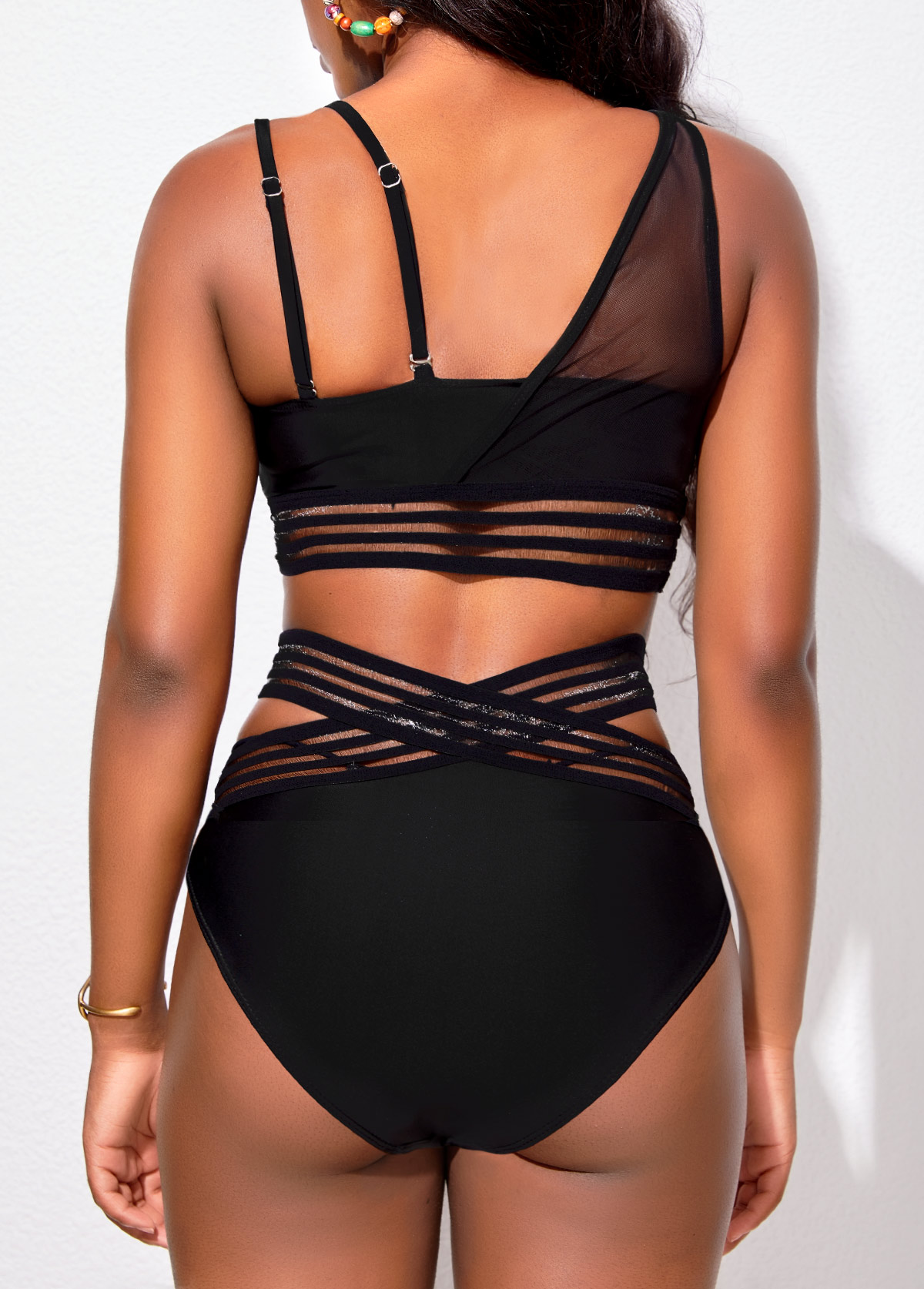 Mesh Stitching Asymmetry Black Bikini Top-No Bottom
