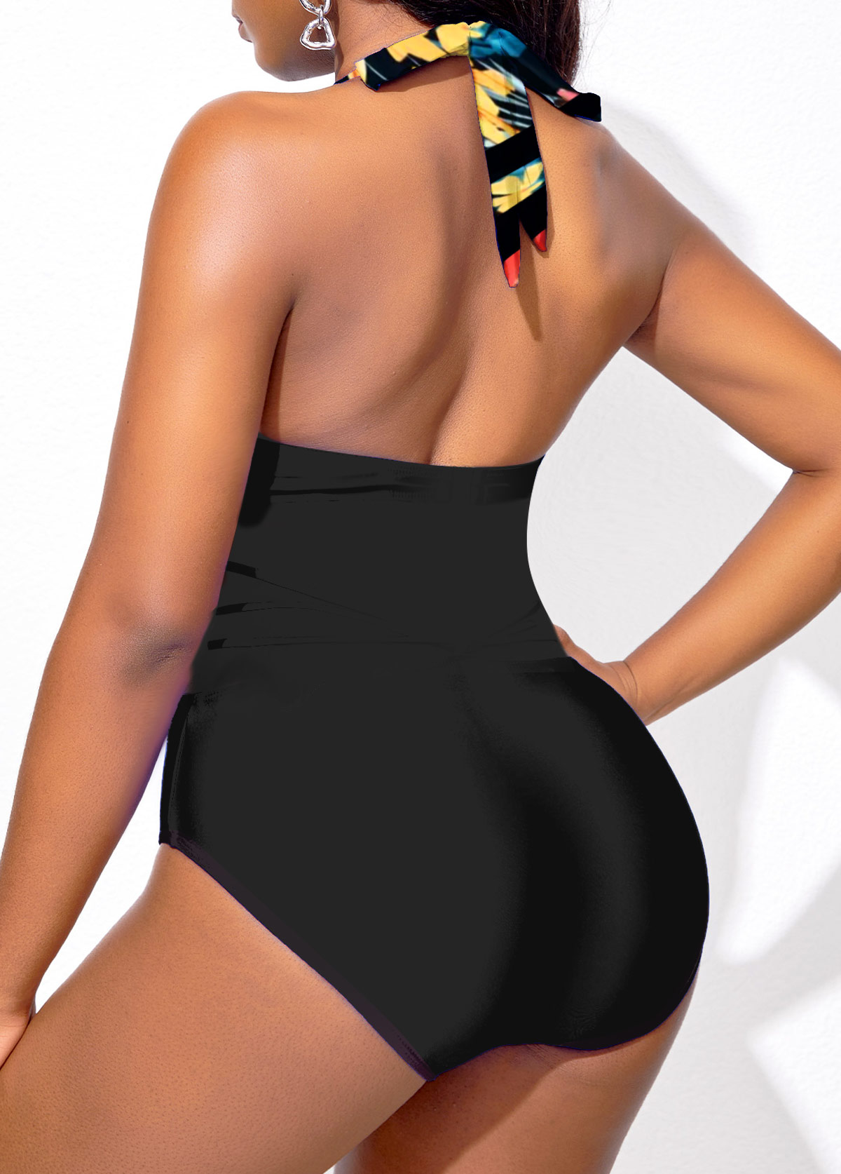 Floral Print Patchwork Black One Piece Swimwear