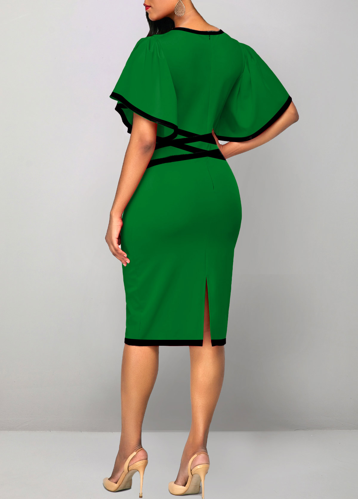 Contrast Binding Round Neck Green Bodycon Dress