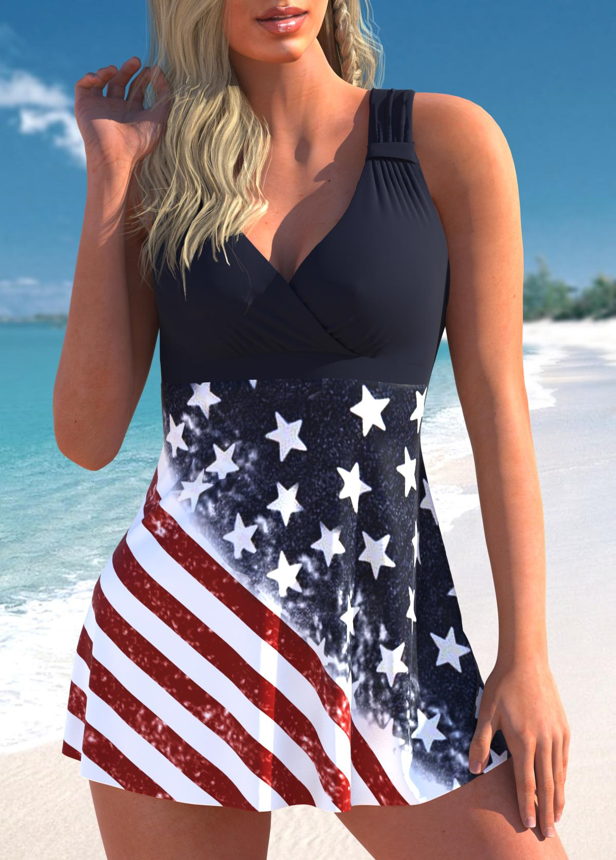American Flag Print Ruched Multi Color Swimdress Top-No Bottom
