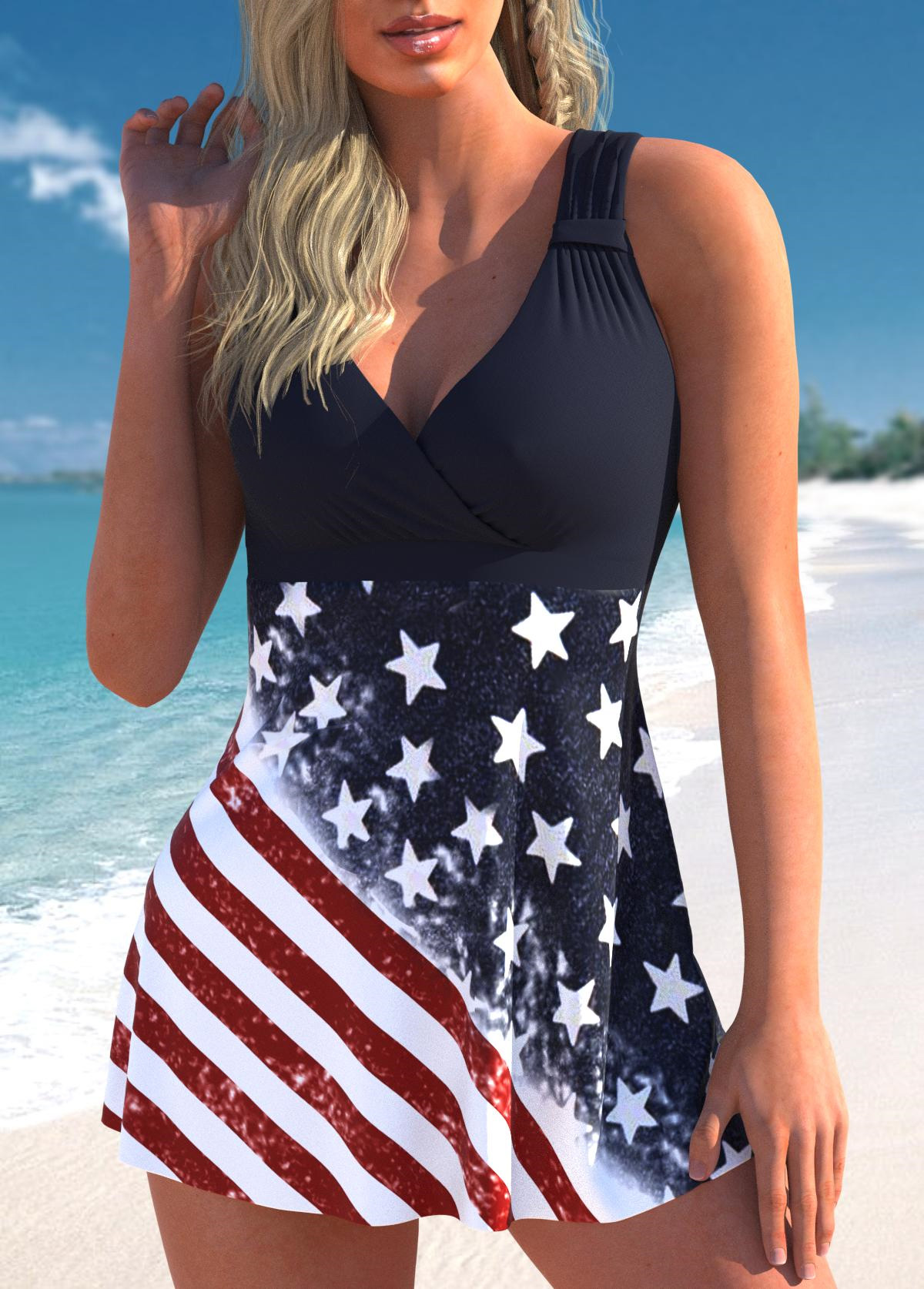 American Flag Print Ruched Multi Color Swimdress Set
