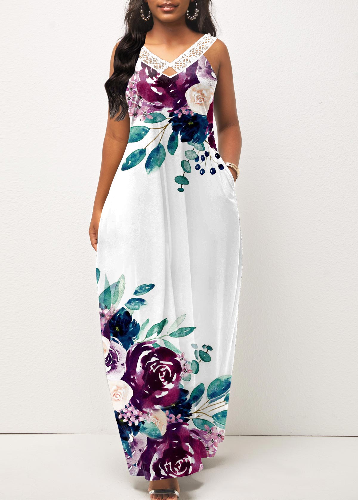 Floral Print Pocket White Maxi Dress
