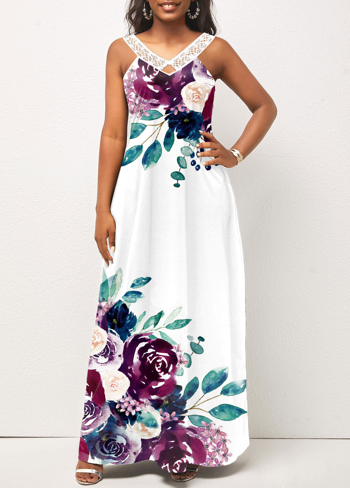Floral Print Pocket White Maxi Dress | Rosewe.com - USD $34.98
