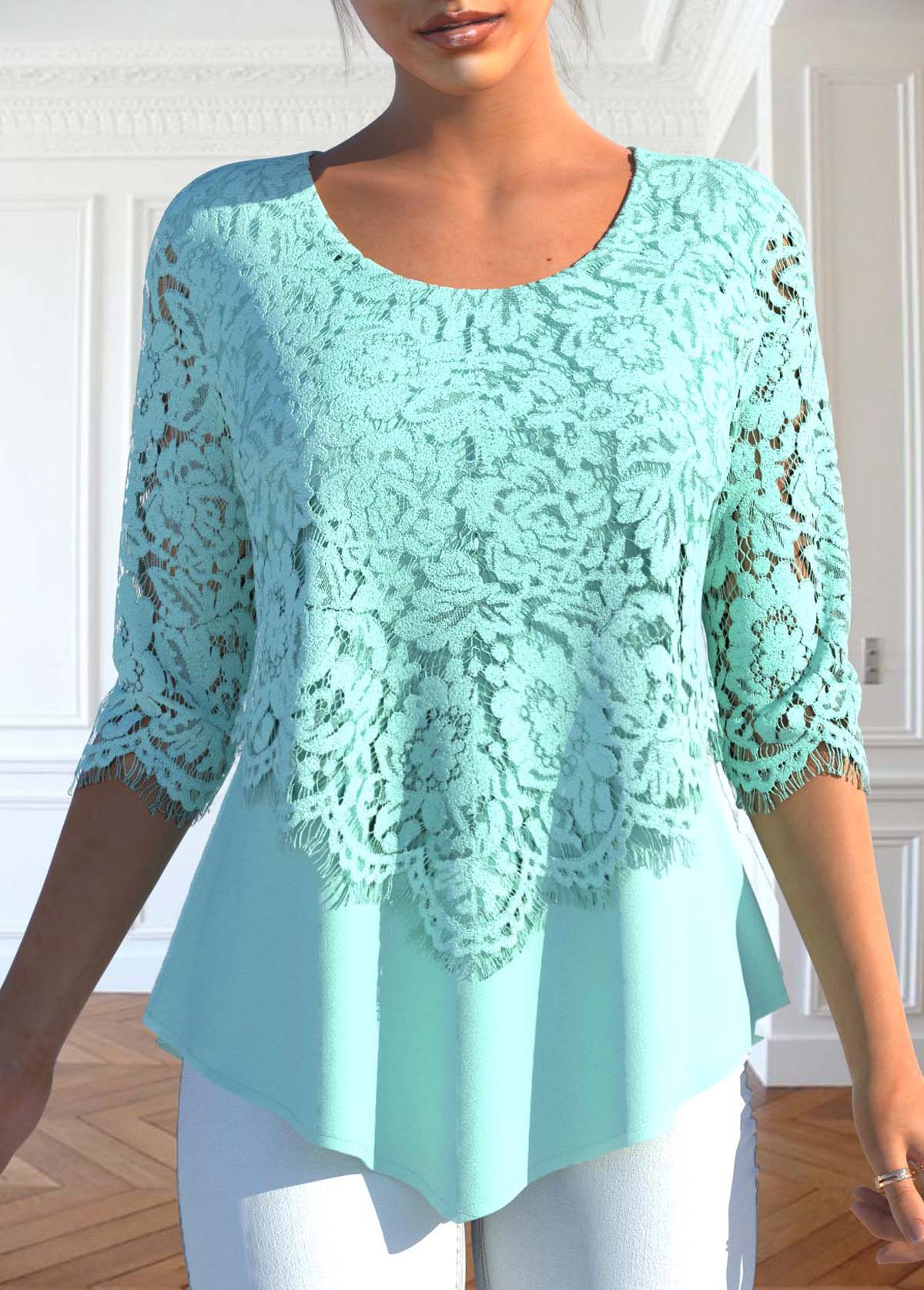 Mint Green Lace Round Neck Blouse