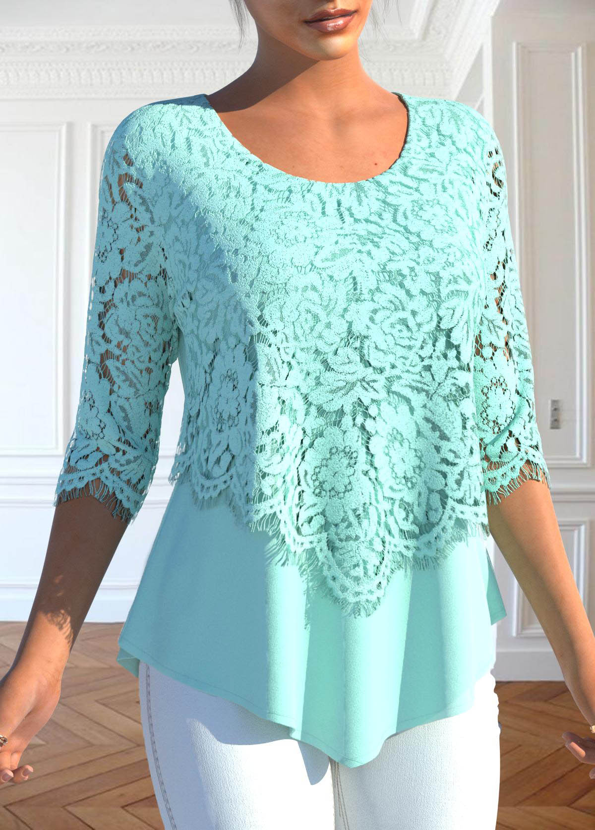 Mint Green Lace Round Neck Blouse