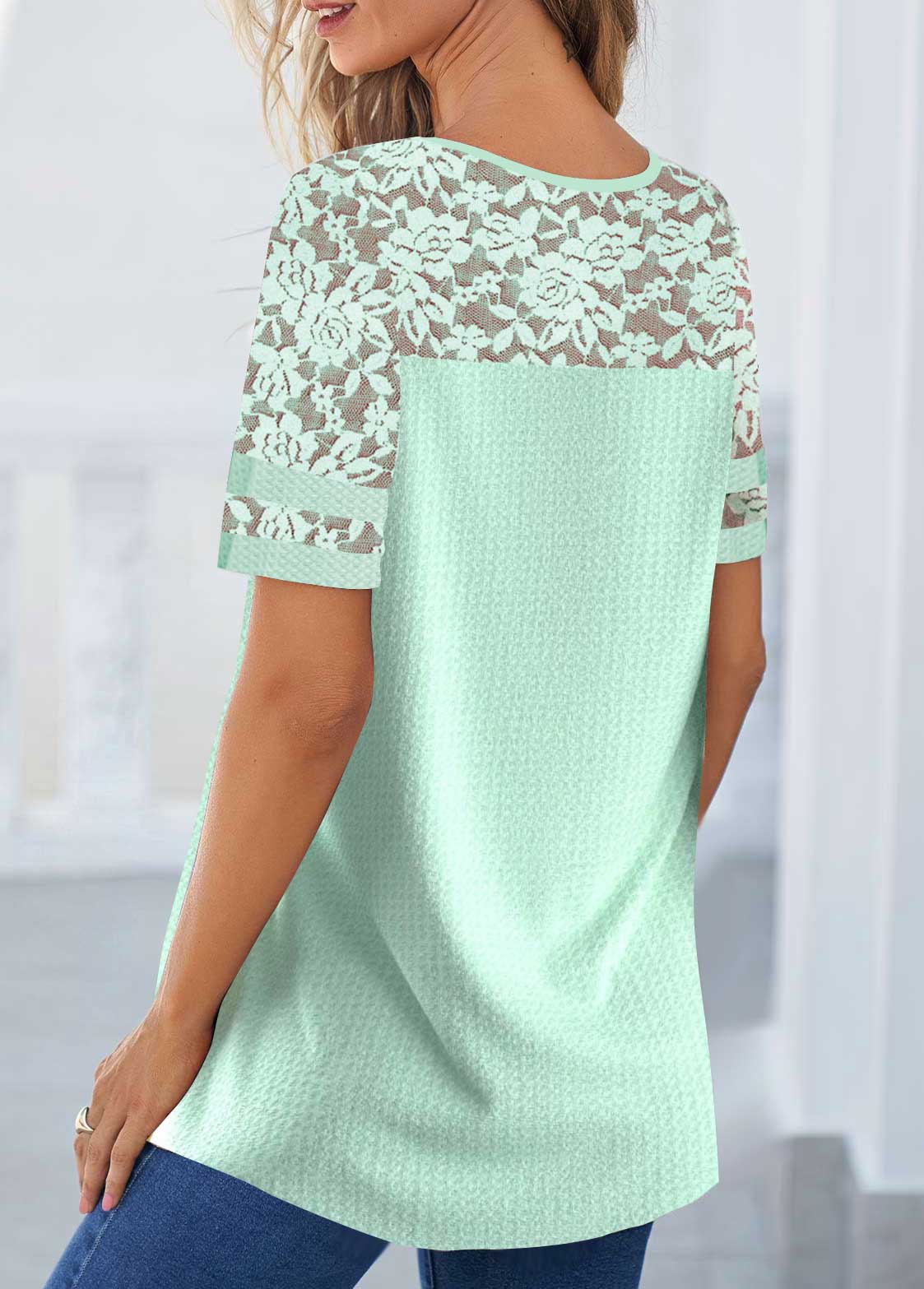 Mint Green Lace Round Neck T Shirt