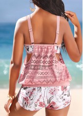 Lace Hollow Out Floral Print Light Pink Tankini Set