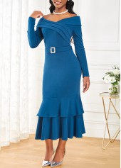 Belted Peacock Blue Long Sleeve Mermaid Dress