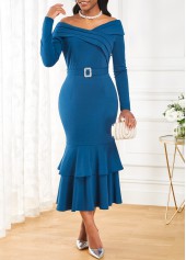 Belted Peacock Blue Long Sleeve Mermaid Dress