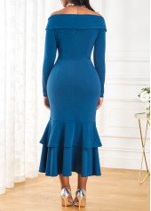 Belted Peacock Blue Long Sleeve Mermaid Dress