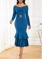 Belted Peacock Blue Long Sleeve Mermaid Dress