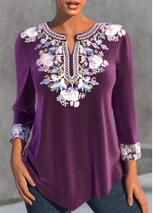 Tribal Print Split Purple 3/4 Sleeve Blouse