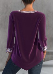 Tribal Print Split Purple 3/4 Sleeve Blouse