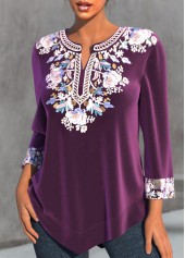 Tribal Print Split Purple 3/4 Sleeve Blouse