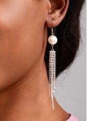 Silvery Pearl Design Rhinestone White Earrings