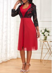 Wine Red Turn Down Collar Embroidery Dress