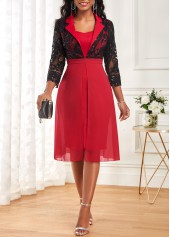 Wine Red Turn Down Collar Embroidery Dress