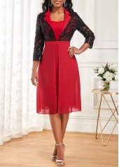 Wine Red Turn Down Collar Embroidery Dress