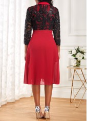 Wine Red Turn Down Collar Embroidery Dress