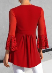 Lace Decorative Button Red V Neck Blouse