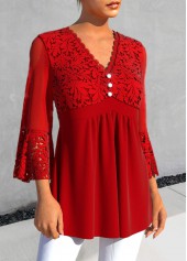 Lace Decorative Button Red V Neck Blouse