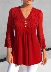 Lace Decorative Button Red V Neck Blouse
