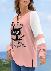 Letter Print Patchwork Light Pink V Neck Sweatshirt