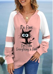 Letter Print Patchwork Light Pink V Neck Sweatshirt
