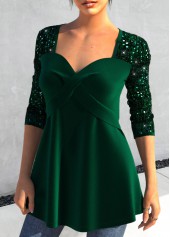 Heart Collar Long Sleeve Sequin Green T Shirt