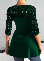 Heart Collar Long Sleeve Sequin Green T Shirt