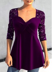 Purple Heart Collar Long Sleeve Sequin T Shirt