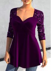 Purple Heart Collar Long Sleeve Sequin T Shirt