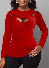Red Surplice Cross Collar Long Sleeve T Shirt