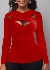 Red Surplice Cross Collar Long Sleeve T Shirt