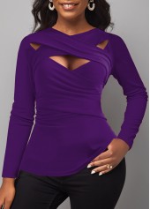 Surplice Cross Collar Purple Long Sleeve T Shirt