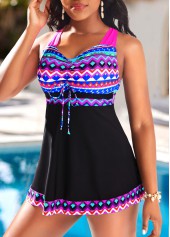 African Tribal Print Bowknot Neon Rose Red Tankini Set