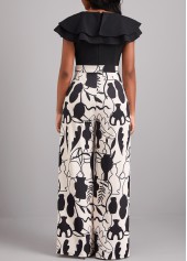 Leaf Print Ruffle Black V Neck Jumpsuit