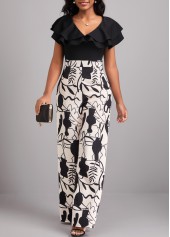 Leaf Print Ruffle Black V Neck Jumpsuit